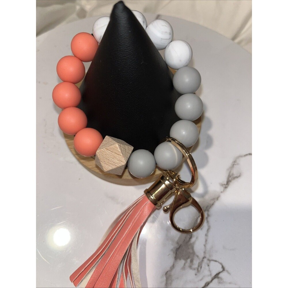 Silicone Beaded Wristlet Keychain Bracelet Tassel Key Ring Holder